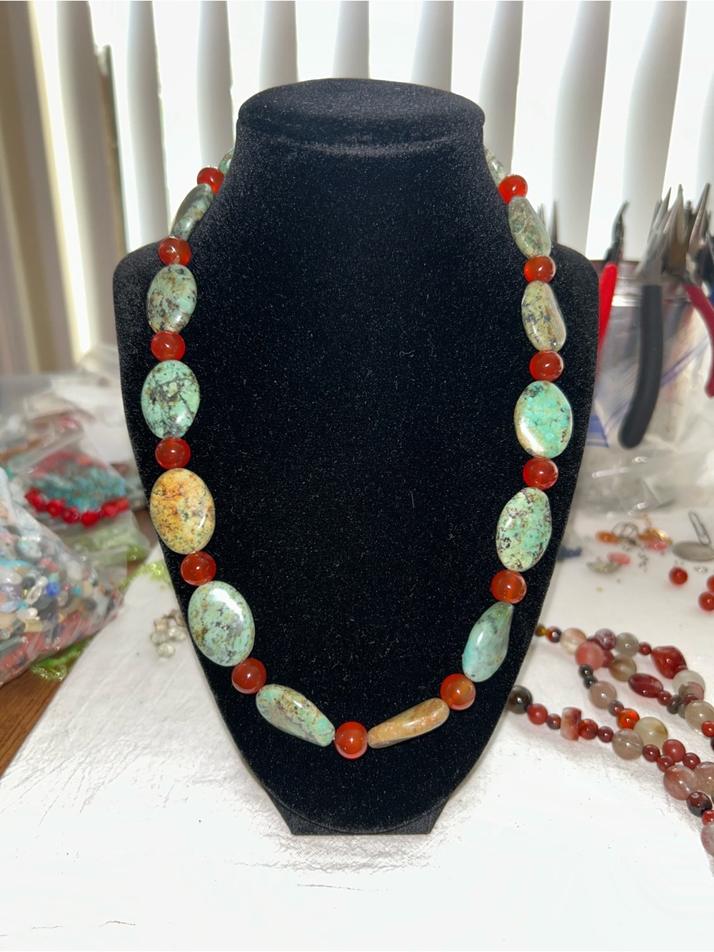 Handcrafted Turquoise and Carnelian Beaded Necklace - Women Jewelry
